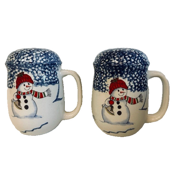 Thomson Snowman, Handled Salt & Pepper Set , Blue Speckles, Snowman/Center - Picture 1 of 10
